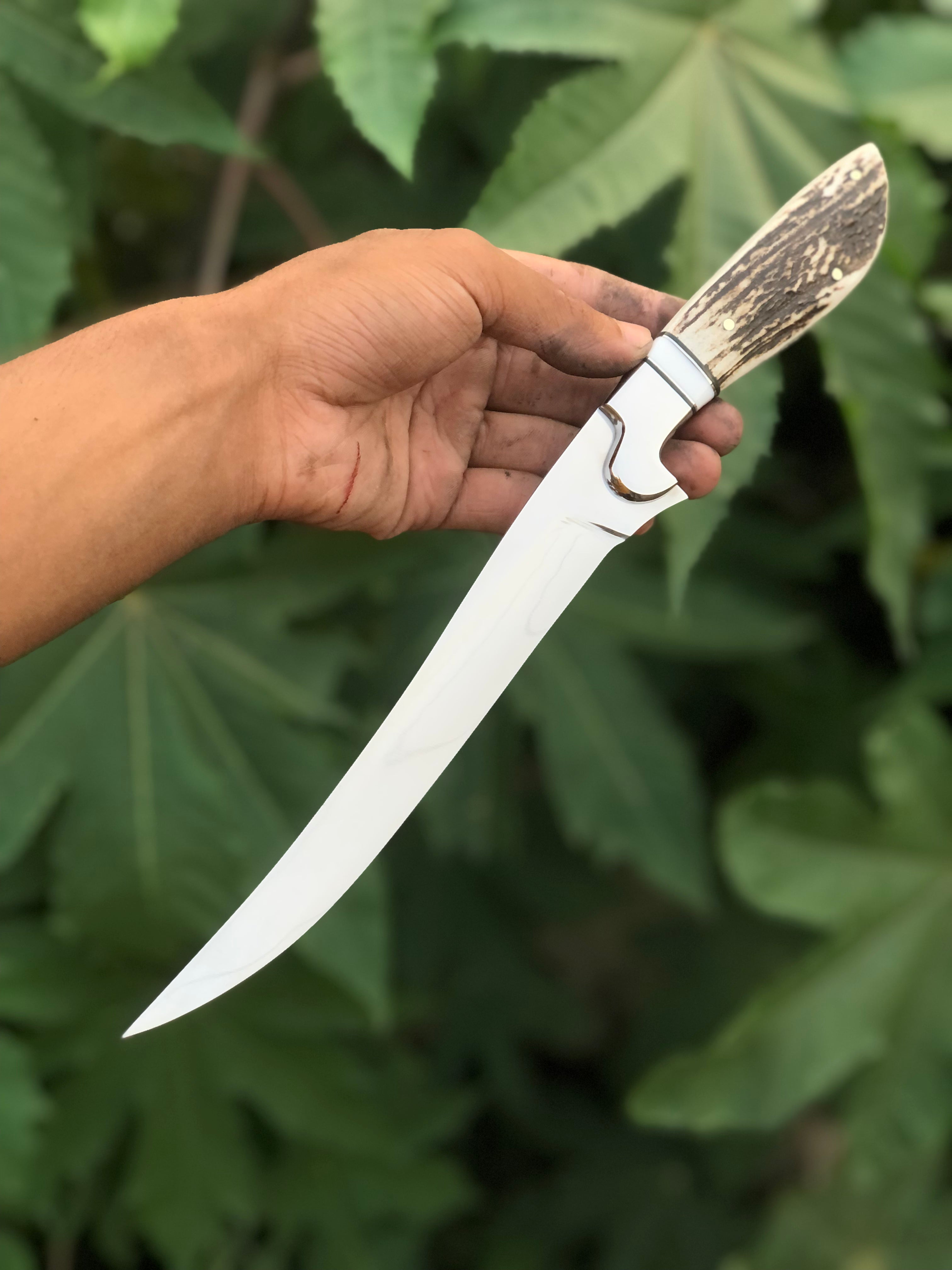 Best Custom Handmade D2 Steel Fishing Fillet Knife - Stag Horn Handle with Steel Bolster & Leather Sheath | Top Flexible Fillet Knives