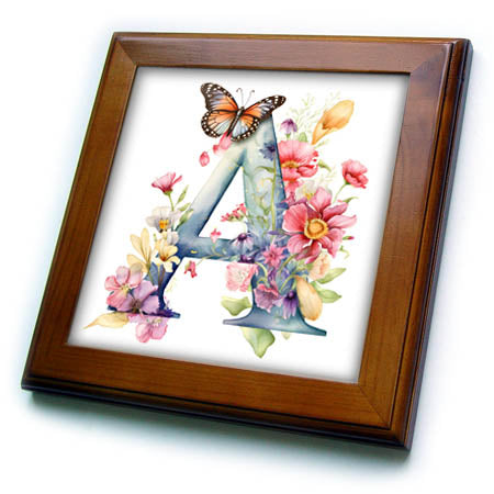 3dRose Anne Marie Baugh - Monograms - Pretty Floral Monogram Initial A - Framed Tiles (ft-382423)