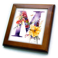 3dRose Anne Marie Baugh - Monograms - Pretty Floral Monogram Initial M - Framed Tiles (ft-382433)