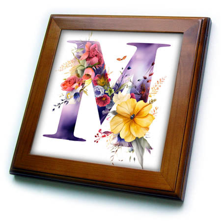 3dRose Anne Marie Baugh - Monograms - Pretty Floral Monogram Initial M - Framed Tiles (ft-382433)