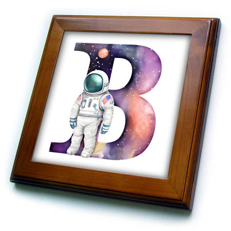 3dRose Anne Marie Baugh - Monograms - Cute Astronaut Monogram Initial B - Framed Tiles (ft-382444)
