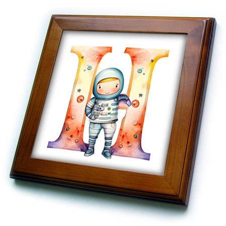 3dRose Anne Marie Baugh - Monograms - Cute Astronaut Monogram Initial H - Framed Tiles (ft-382449)