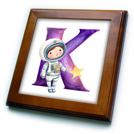 3dRose Anne Marie Baugh - Monograms - Cute Astronaut Monogram Initial K - Framed Tiles (ft-382451)