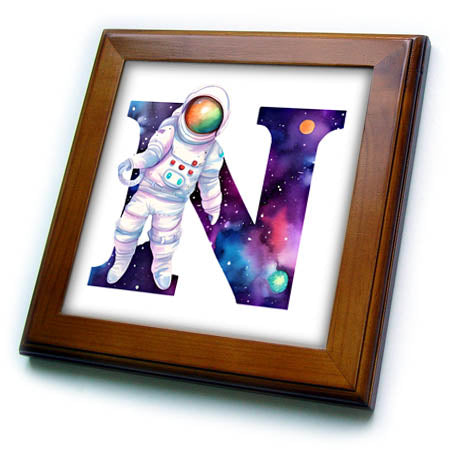 3dRose Anne Marie Baugh - Monograms - Cute Astronaut Monogram Initial N - Framed Tiles (ft-382454)