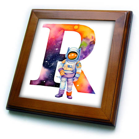 3dRose Anne Marie Baugh - Monograms - Cute Astronaut Monogram Initial R - Framed Tiles (ft-382456)