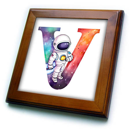 3dRose Anne Marie Baugh - Monograms - Cute Astronaut Monogram Initial V - Framed Tiles (ft-382459)
