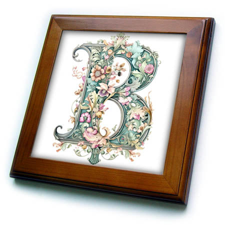 3dRose Fancy Floral Flourish Monogram Initial B - Framed Tiles (ft-382464)