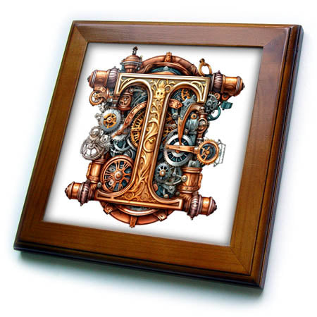 3dRose Anne Marie Baugh - Monograms - Steampunk Monogram Initial T - Framed Tiles (ft-382518)