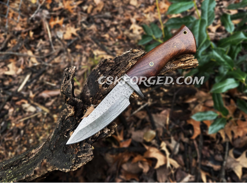 Bobcat Damascus Steel Hunting Knife Rose Wood Handle by cskforged