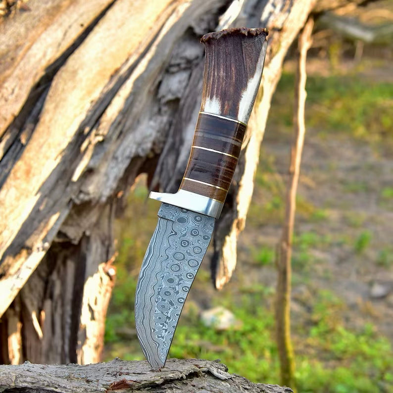 Custom Handmade Fixed Blade Damascus Steel Hunting Knife With Leather Sheath (Deer Stag Antler Handle) Amazing Gift