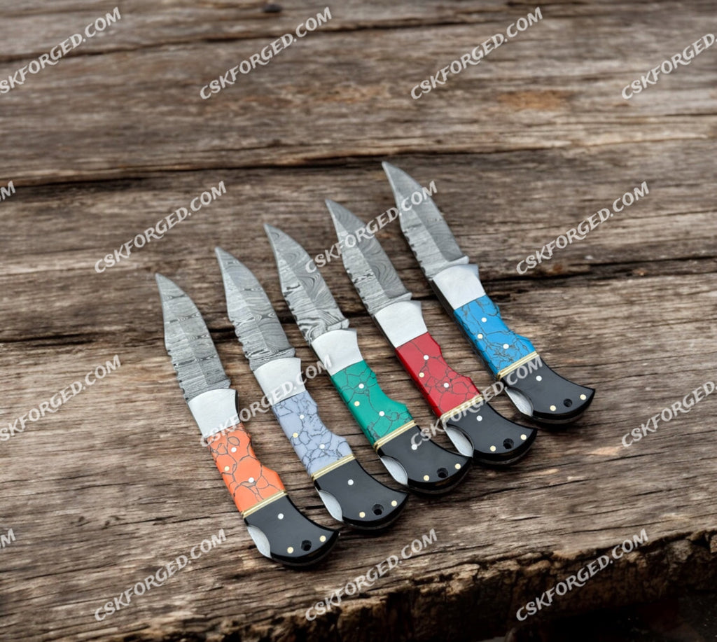 Handcrafted Damascus Steel Folding Knife – Vibrant Inlay Handle