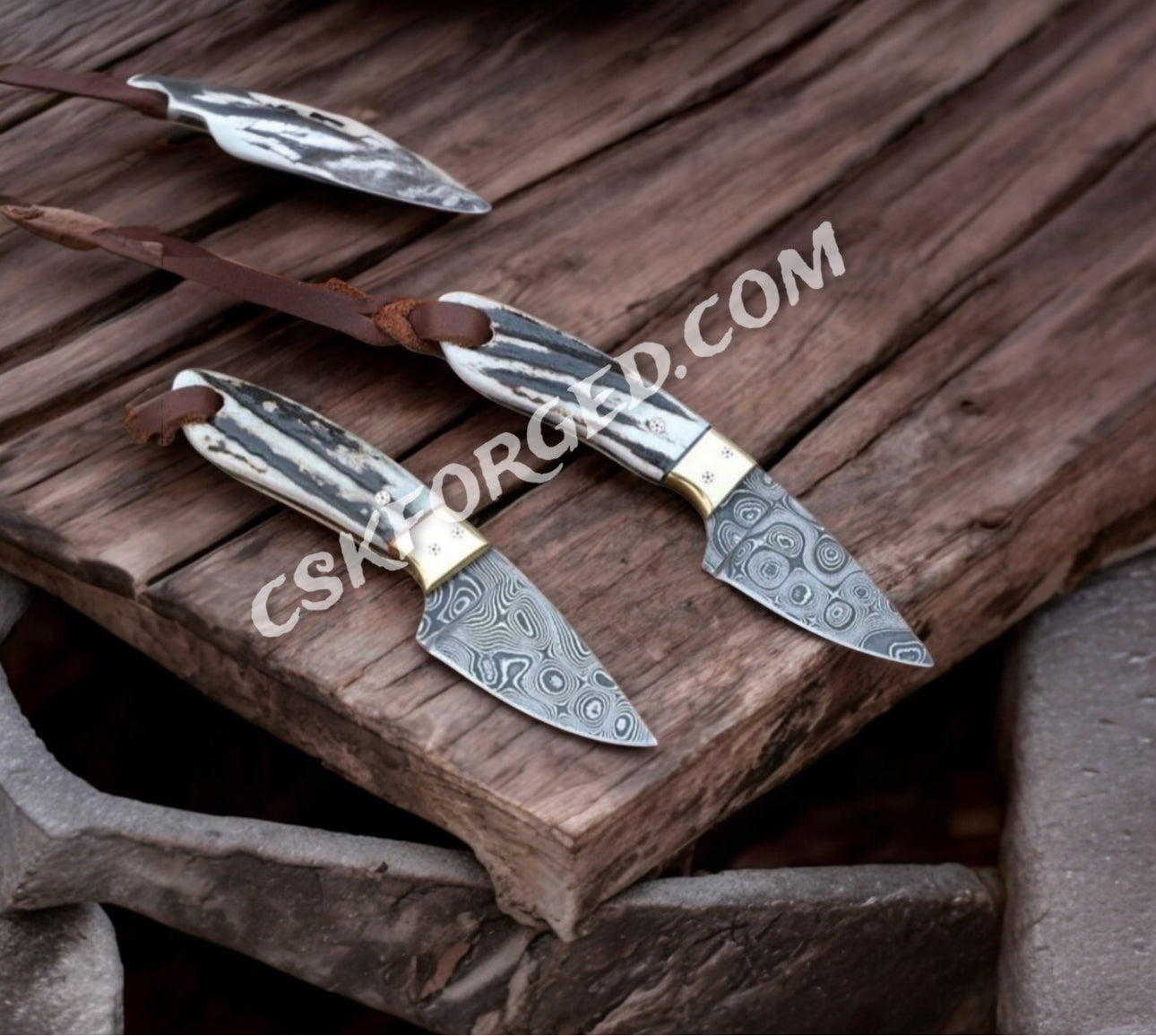 Damascus Steel Knife Hunting Set Raindrop Blade & Antler Handles