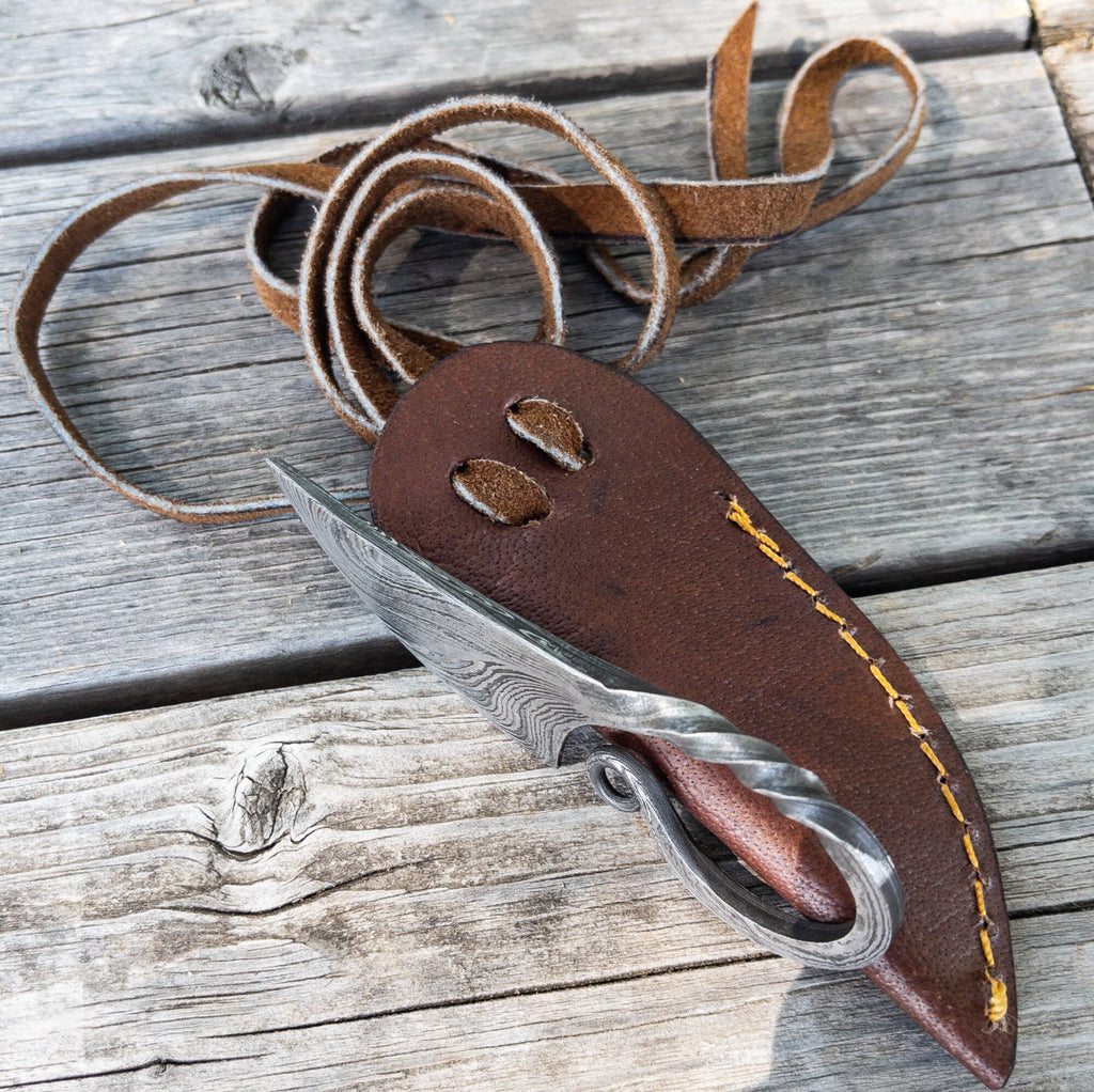 Miniature Damascus Steel Pocket Neck Knife - Medieval Scandinavian Inspired Hand Forged Collectible Viking Knife