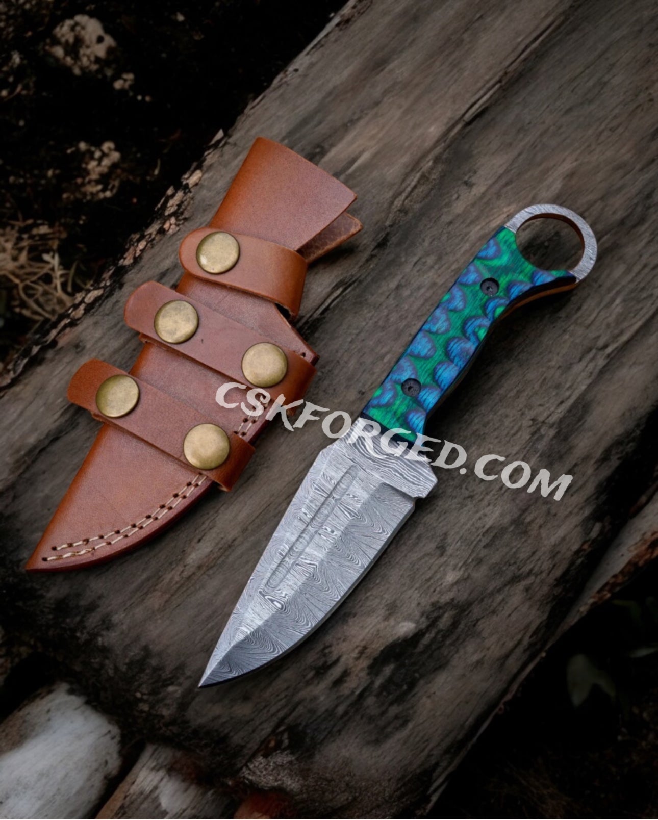 Mystic Blade 9" Damascus Steel Hunting Knife with Jiggle Wood Handle