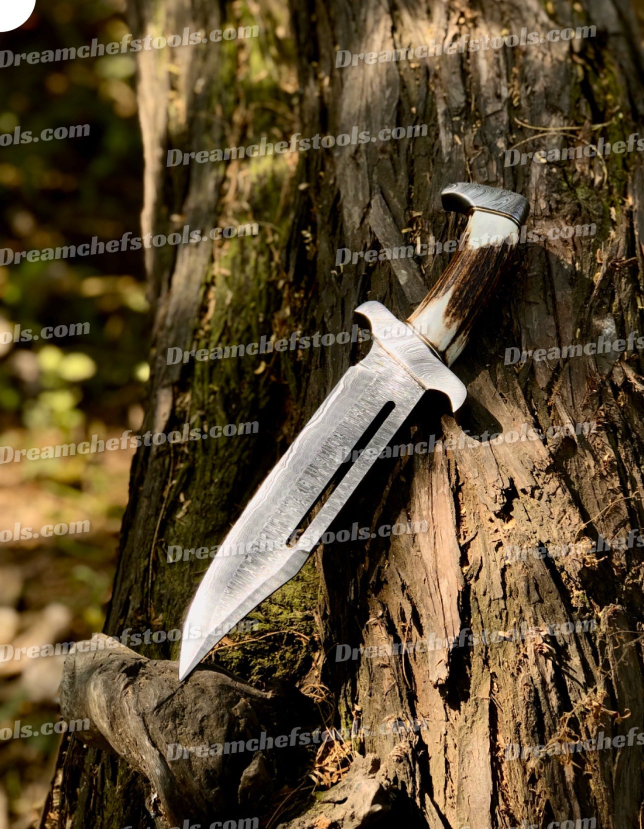 15" Handmade Damascus Steel Bowie Knife – Full Tang with Stag Antler Handle & Damascus Steel Guard, Includes Leather Sheath