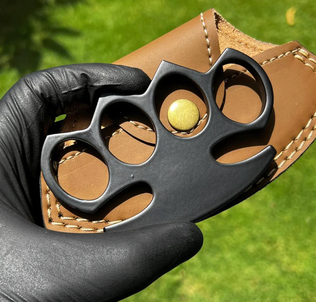 Custom Black Brass Knuckle Duster – Hand-Casted Matte Black EDC with Leather Belt Case
