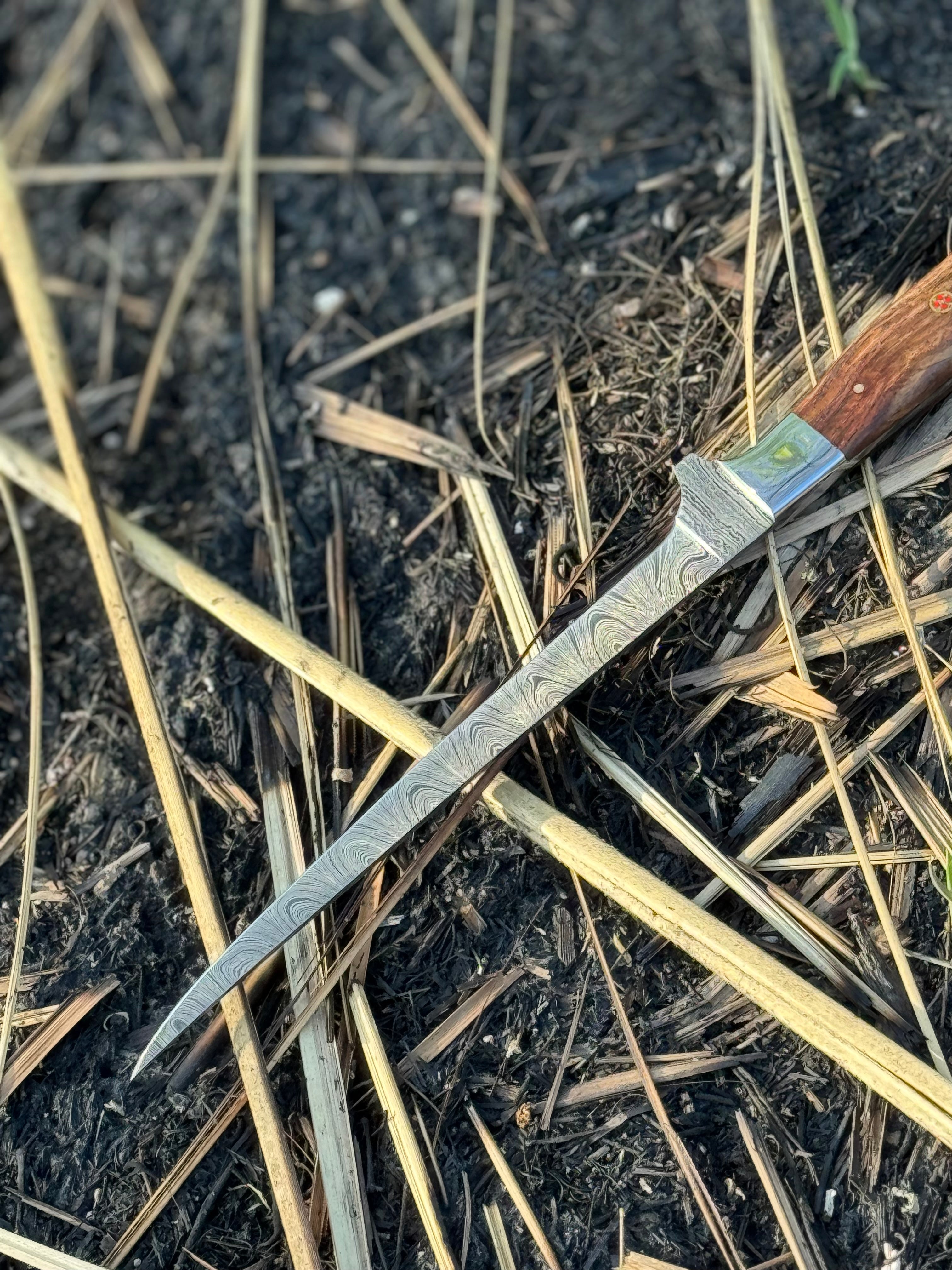 Custom Handmade Damascus Steel Fishing Fillet Knife - 13" Blade with Rosewood Handle and Steel Bolster & Leather Sheath | Premium Flexible Fillet Knife