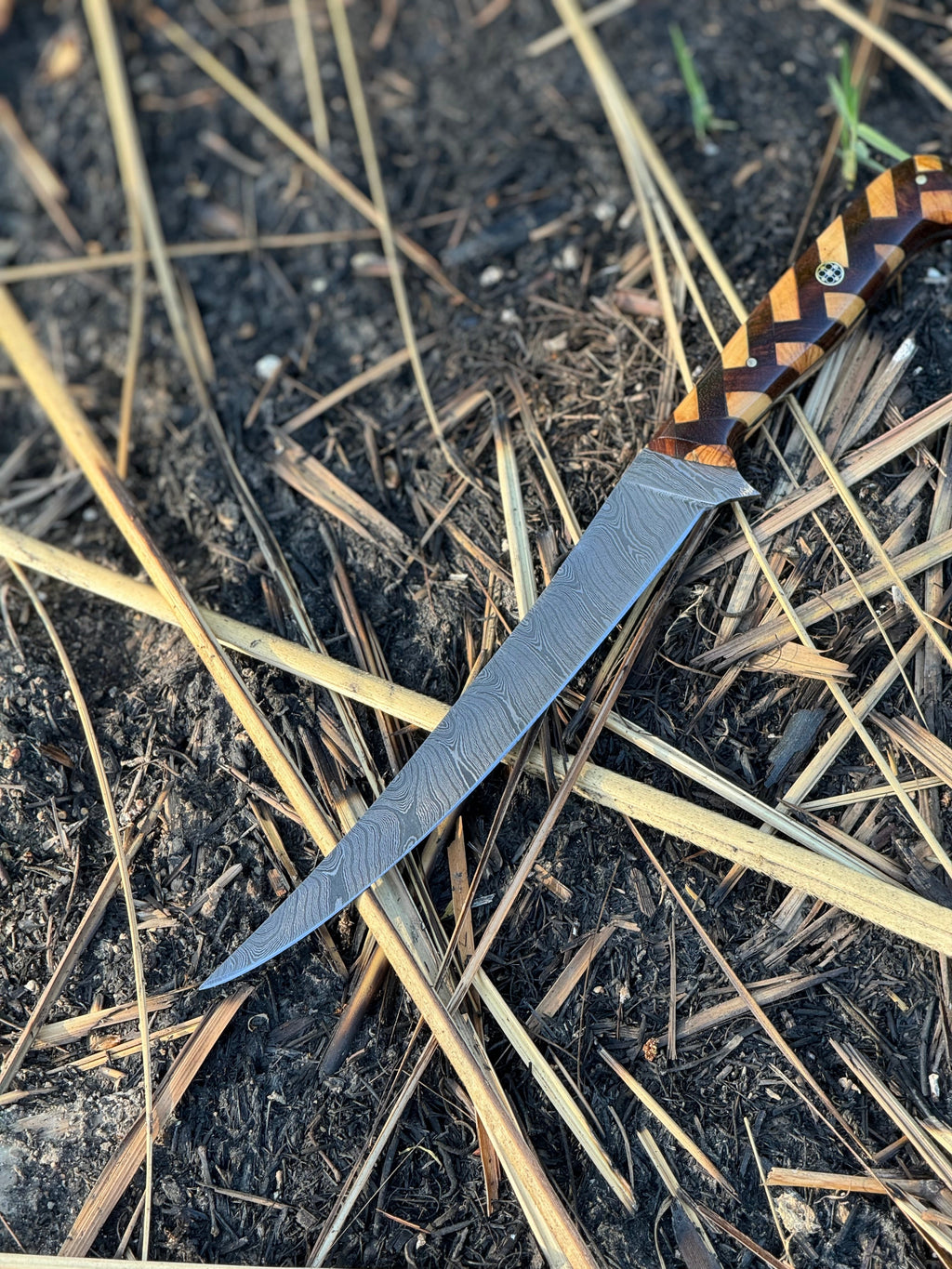 Custom Handmade Damascus Steel Fishing Fillet Knife - 13" Blade with Rosewood and Olive Wood Handle, Steel Bolster & Leather Sheath | Premium Flexible Fillet Knife