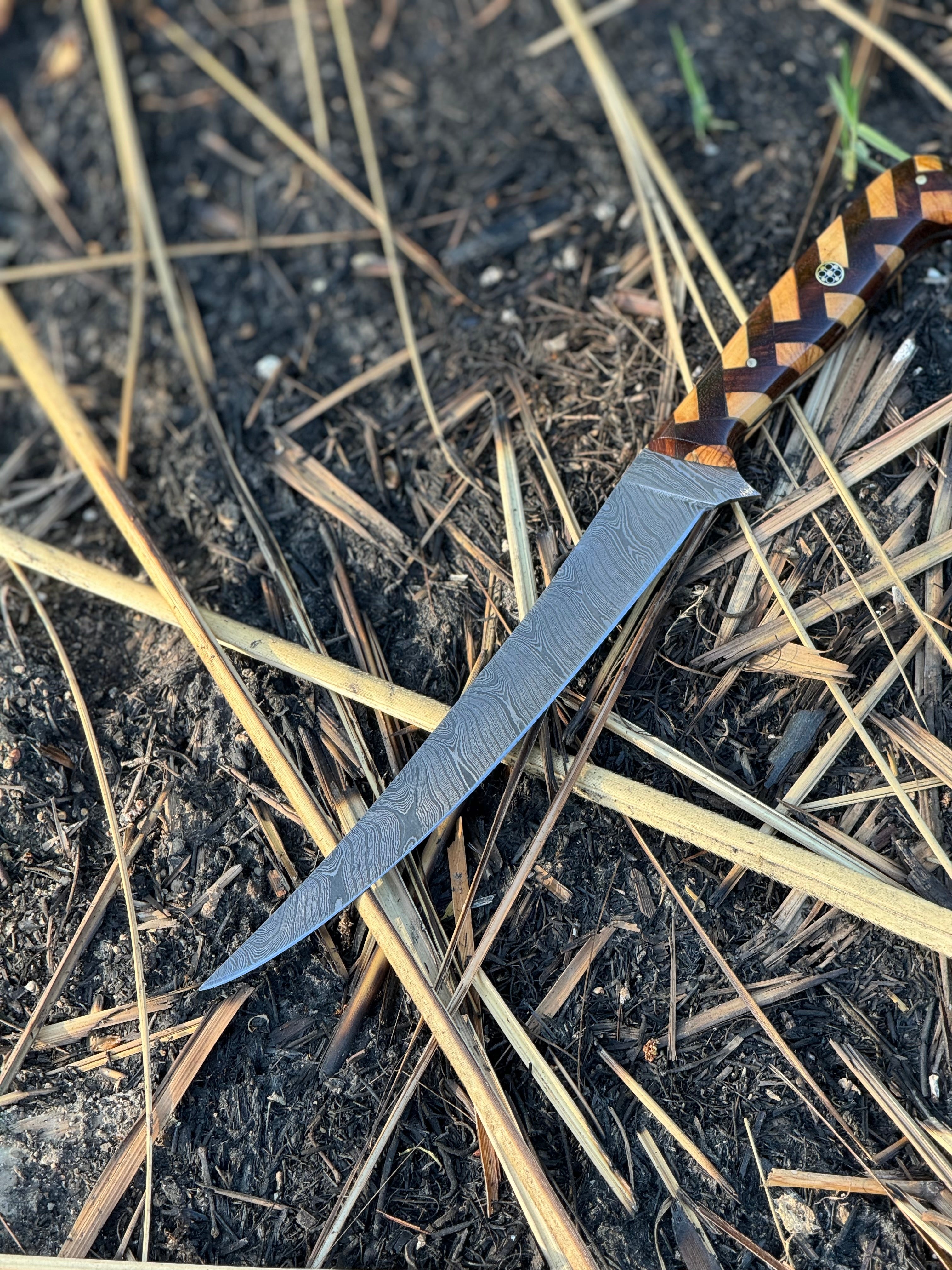 Custom Handmade Damascus Steel Fishing Fillet Knife - 13" Blade with Rosewood and Olive Wood Handle, Steel Bolster & Leather Sheath | Premium Flexible Fillet Knife