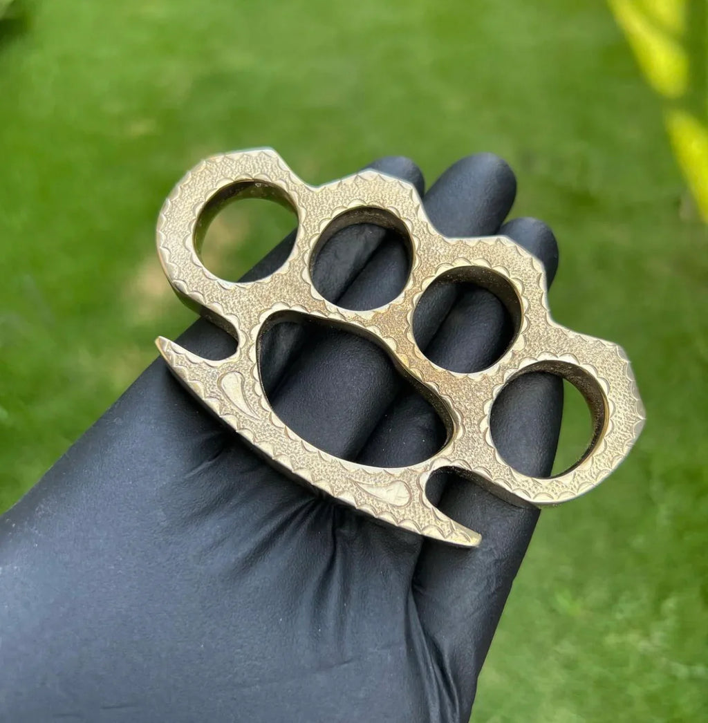Engraved Brass Knuckles with Belt Loop Leather Case – Solid Brass Self Defense Gear