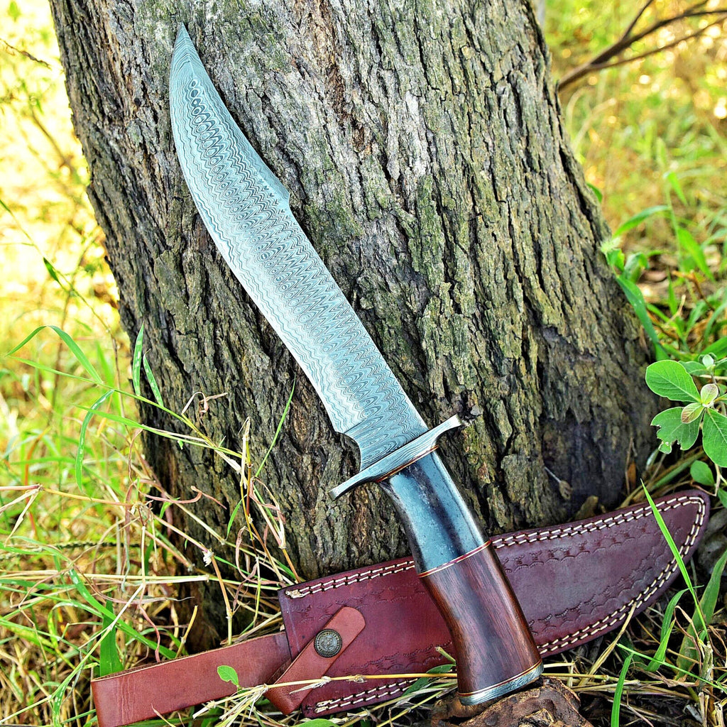 Custom Made 16" Damascus Steel Bowie Knife with Camel Bone and Rosewood Handle, Includes Leather Sheath