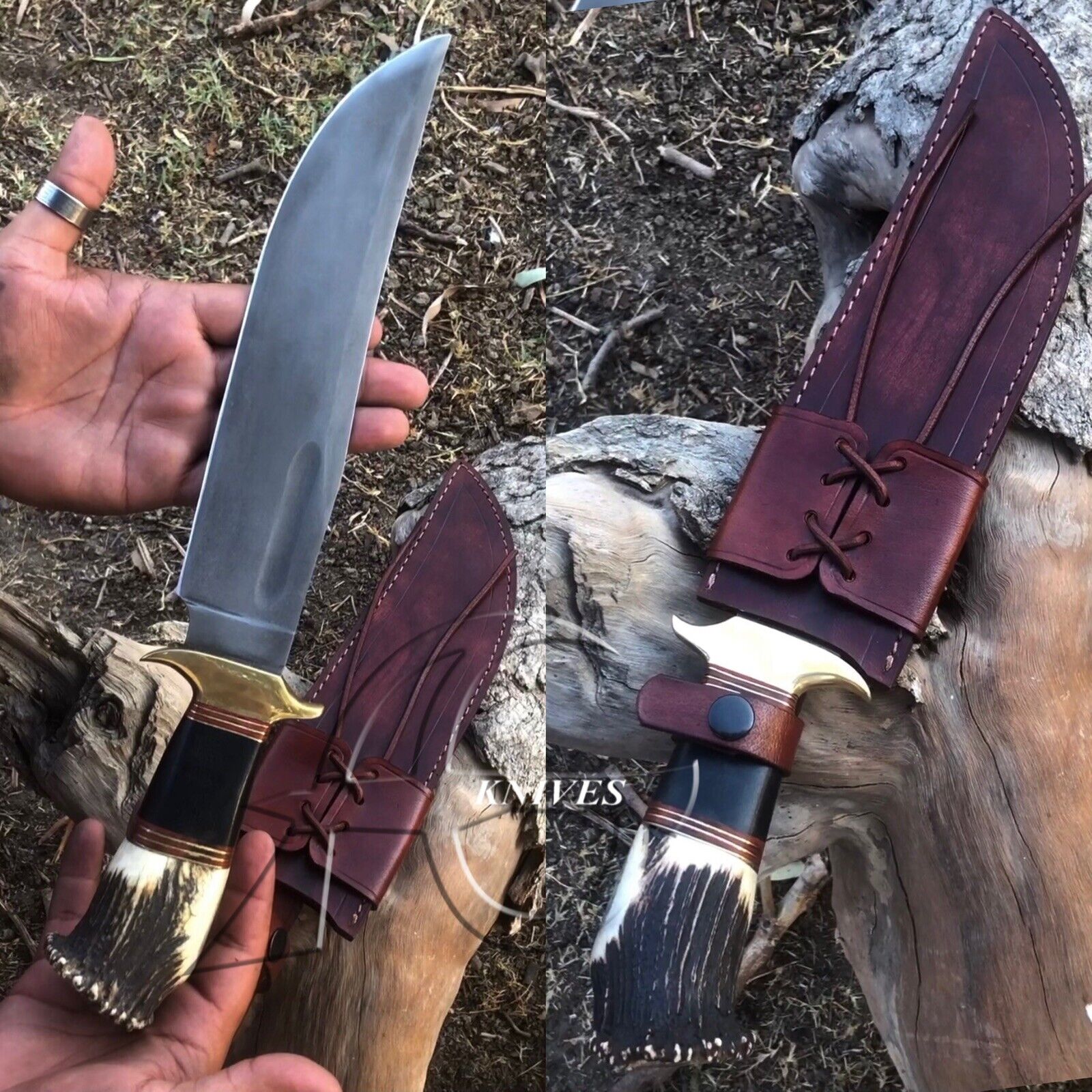 Custom Handmade J2 Steel Hunting Knife with Stag Crown and Pakkawood Handle, Brass Guard – 16" Length, Includes Leather Sheath