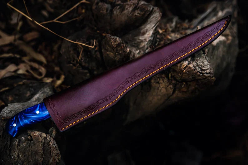 Custom Handmade 13-Inch Damascus Fillet Knife with Blue Resin Handle and Damascus Steel Bolster