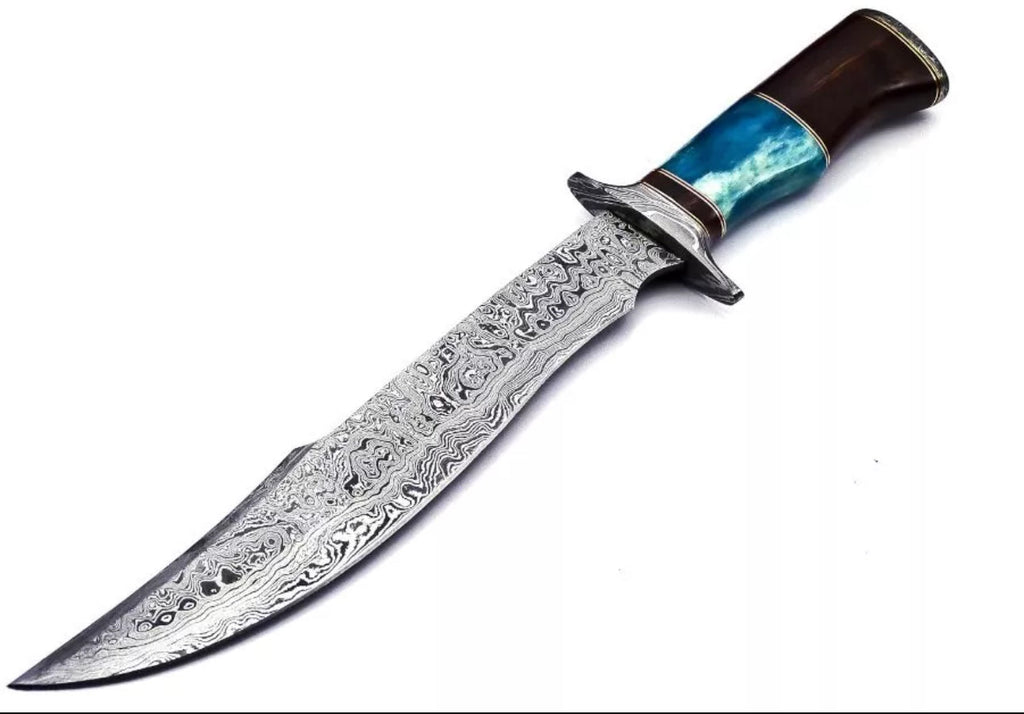Custom Damascus Steel Bowie Knife | Color Bone & Rosewood Handle with Damascus Guard | Includes Leather Sheath
