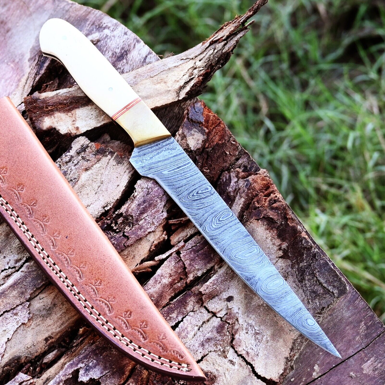 Premium Handmade Damascus Steel Fillet Knife – Brass & Camel Bone Handle with Leather Sheath | Best Fillet Knife
