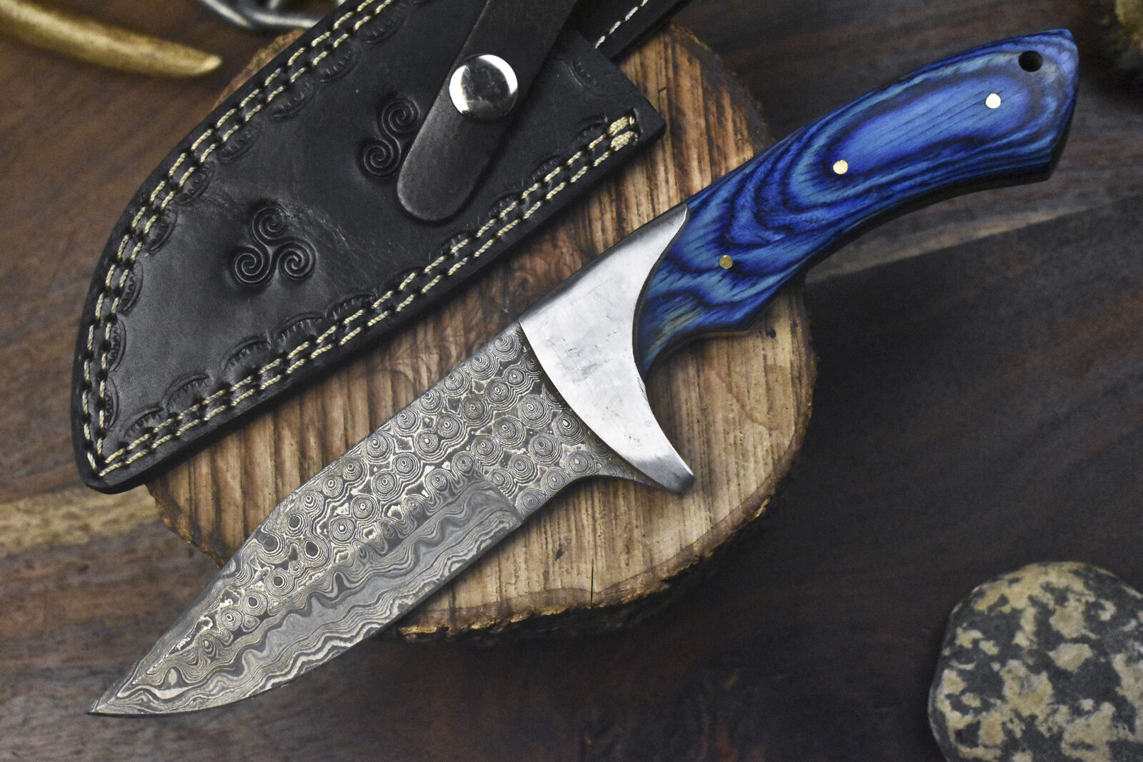 Custom Handmade Damascus Steel Hunting Knife with Pakkawood Handle & Steel Bolster | Includes Leather Sheath