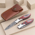 Custom Handmade Damascus Steel Pocket Knife with Pakkawood Handle & Steel Bolster – 3" Overall Length, Includes Leather Sheath