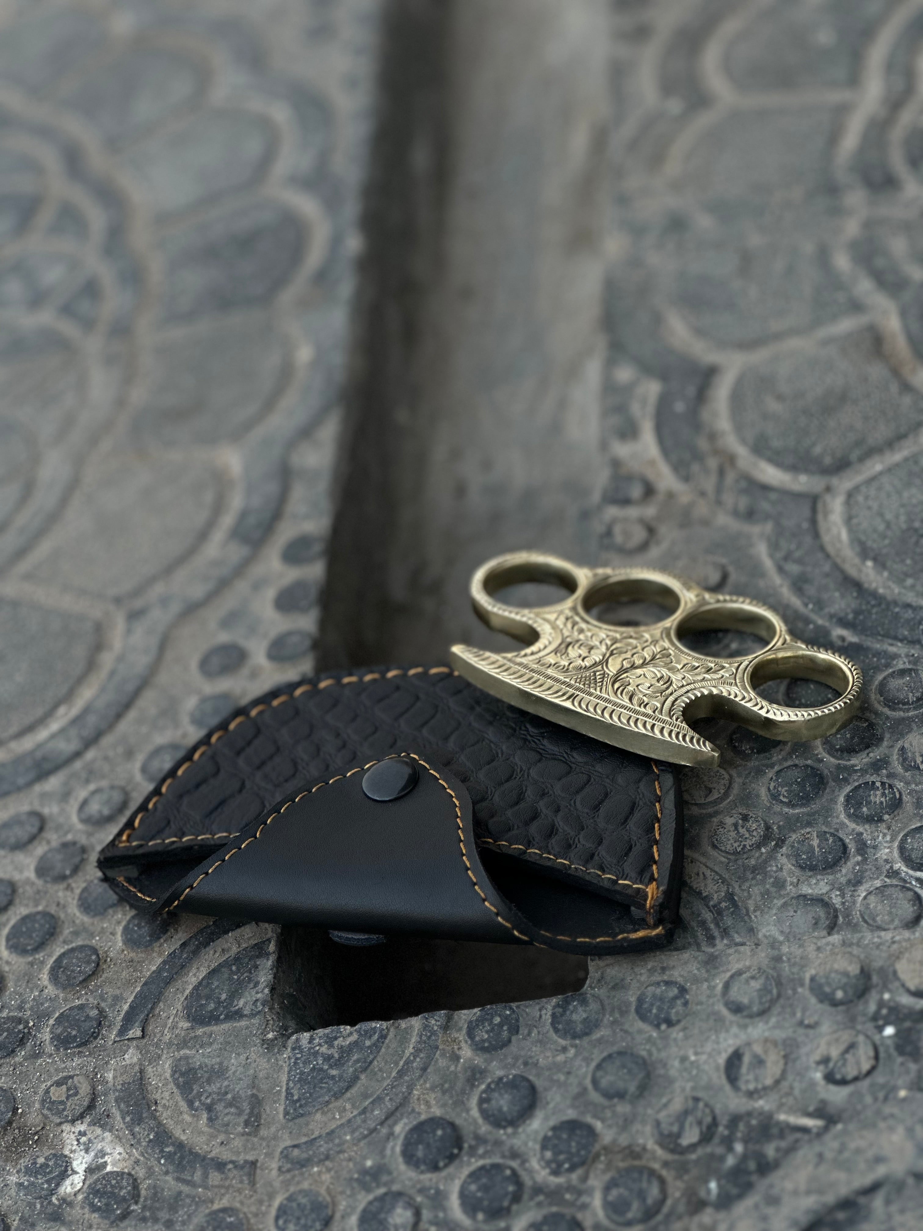 Luxury Handcrafted Brass Knuckle with Engraving & Leather Sheath