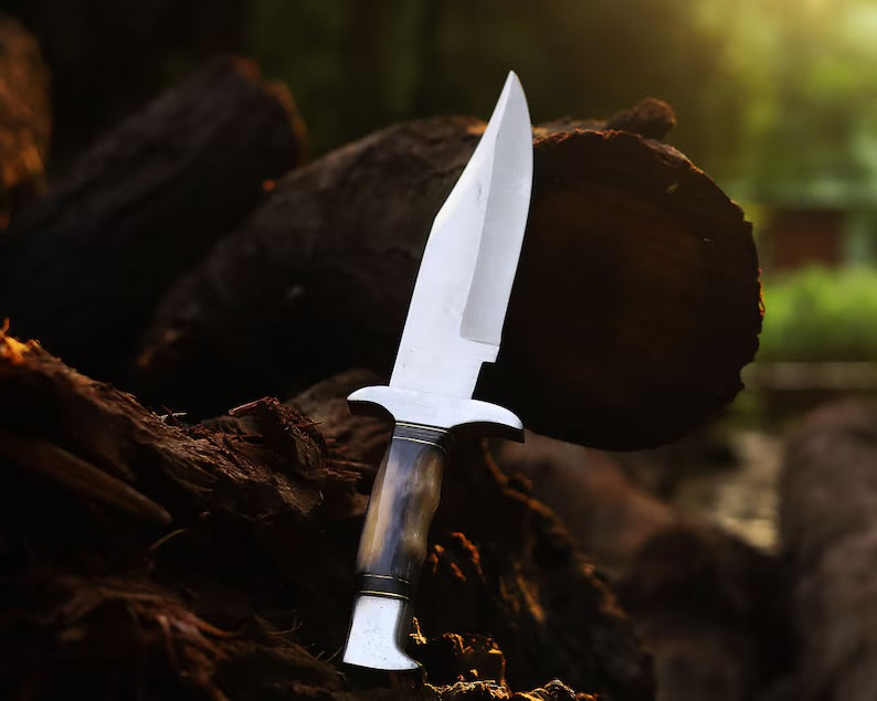 Custom Handmade J2 Steel Bowie Knife – 13" Blade, Color Bone Handle & Steel Guard with Leather Sheath