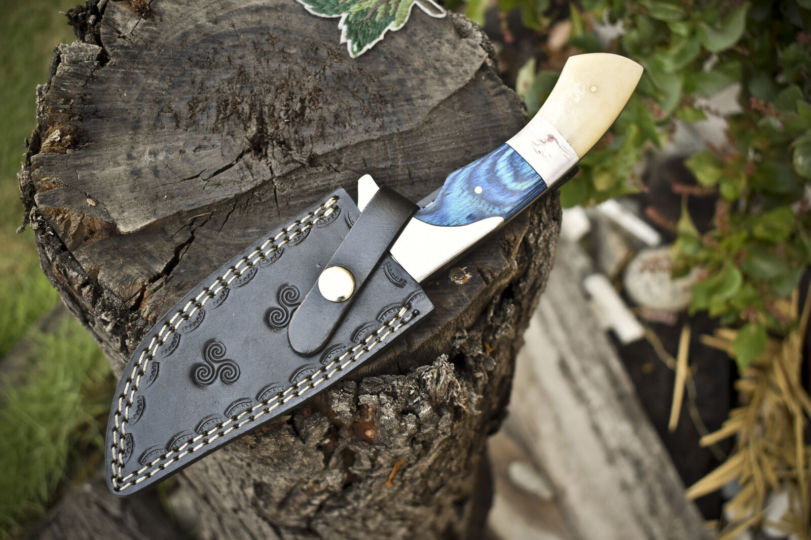 Custom Handmade J2 Steel Hunting Knife with Pakkawood & Camel Bone Handle | Steel Bolster | Includes Leather Sheath