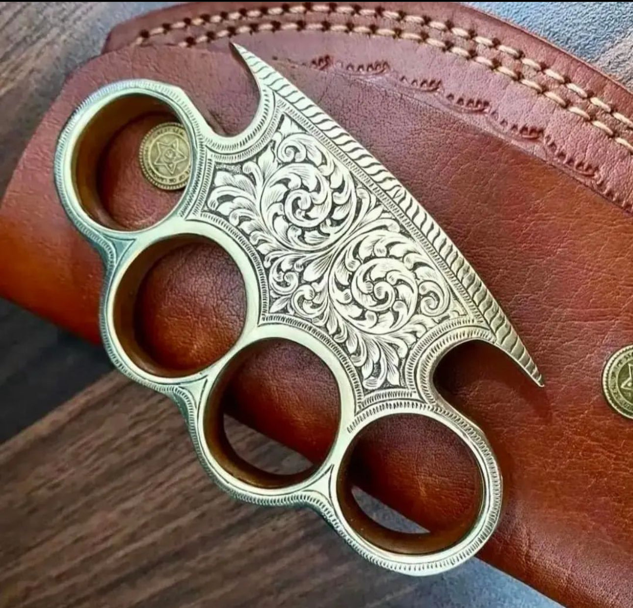 Engraved Brass Knuckles with Leather Belt Loop Case - Handmade Solid Brass Knuckle Duster for Self Defense & Everyday Carry