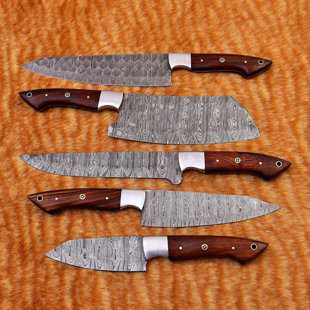 Custom Handmade Damascus Kitchen Knife Set with Rosewood Handles – 9” to 13” Blades
