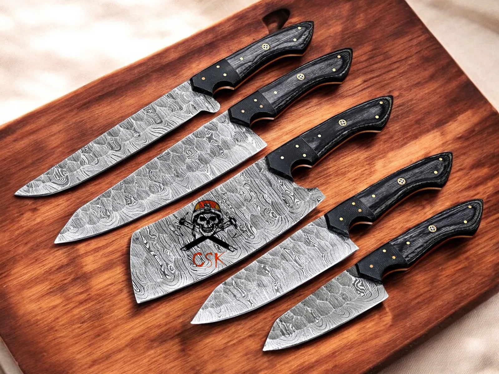 Handmade Premium 5Pcs Damascus Knife Set with Black Pakka Wood Handles