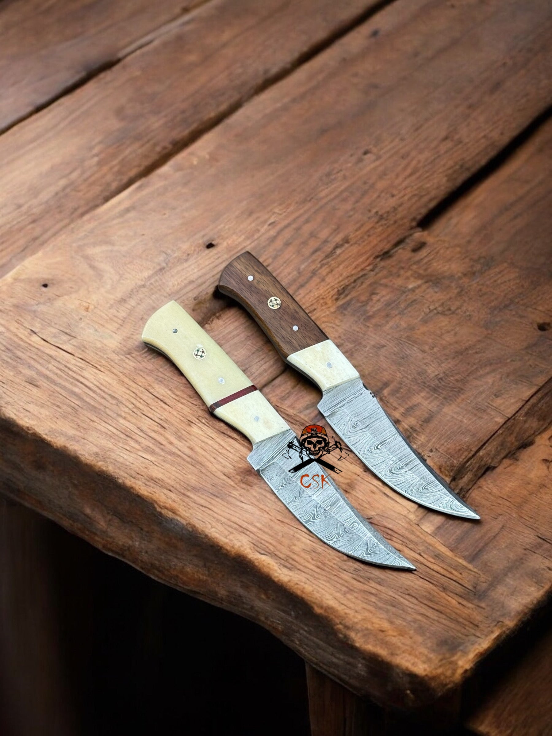 Hand-Forged Damascus Hunting Knife Set 8” Full Tang Blades Rose Wood & Bone Handle