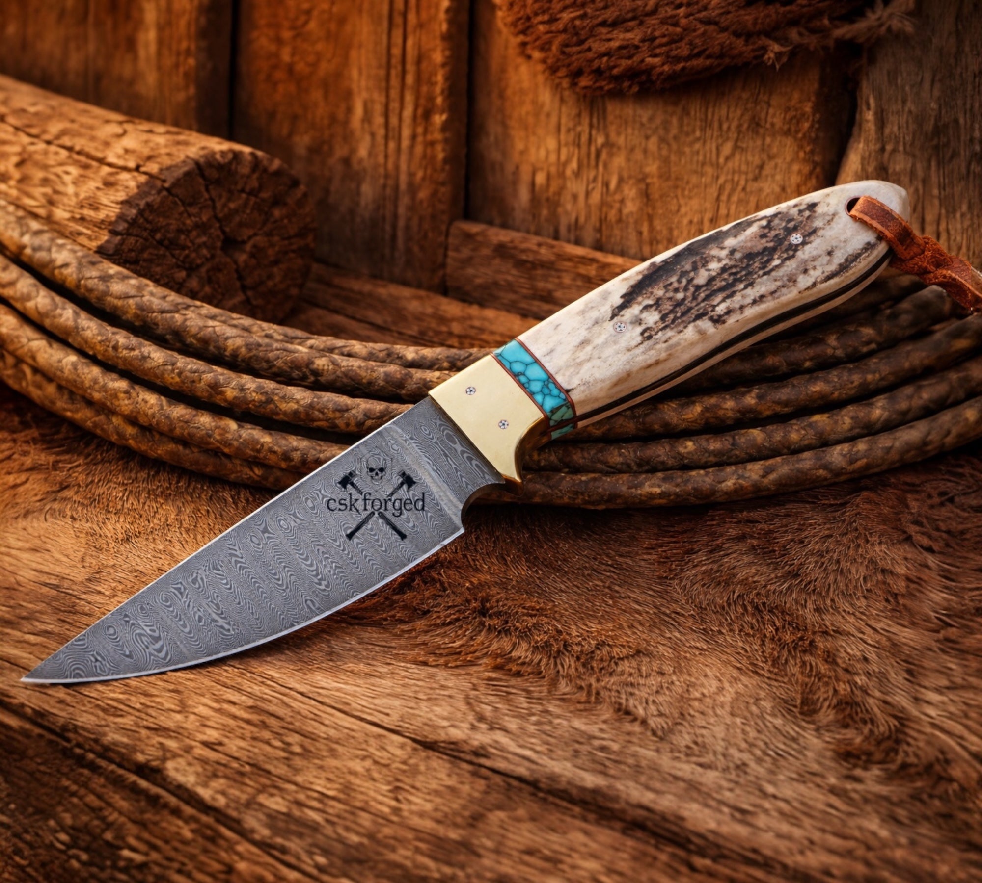 The Last Buckaroo Knife - 4” Damascus Blade with Antler & Turquoise Handle