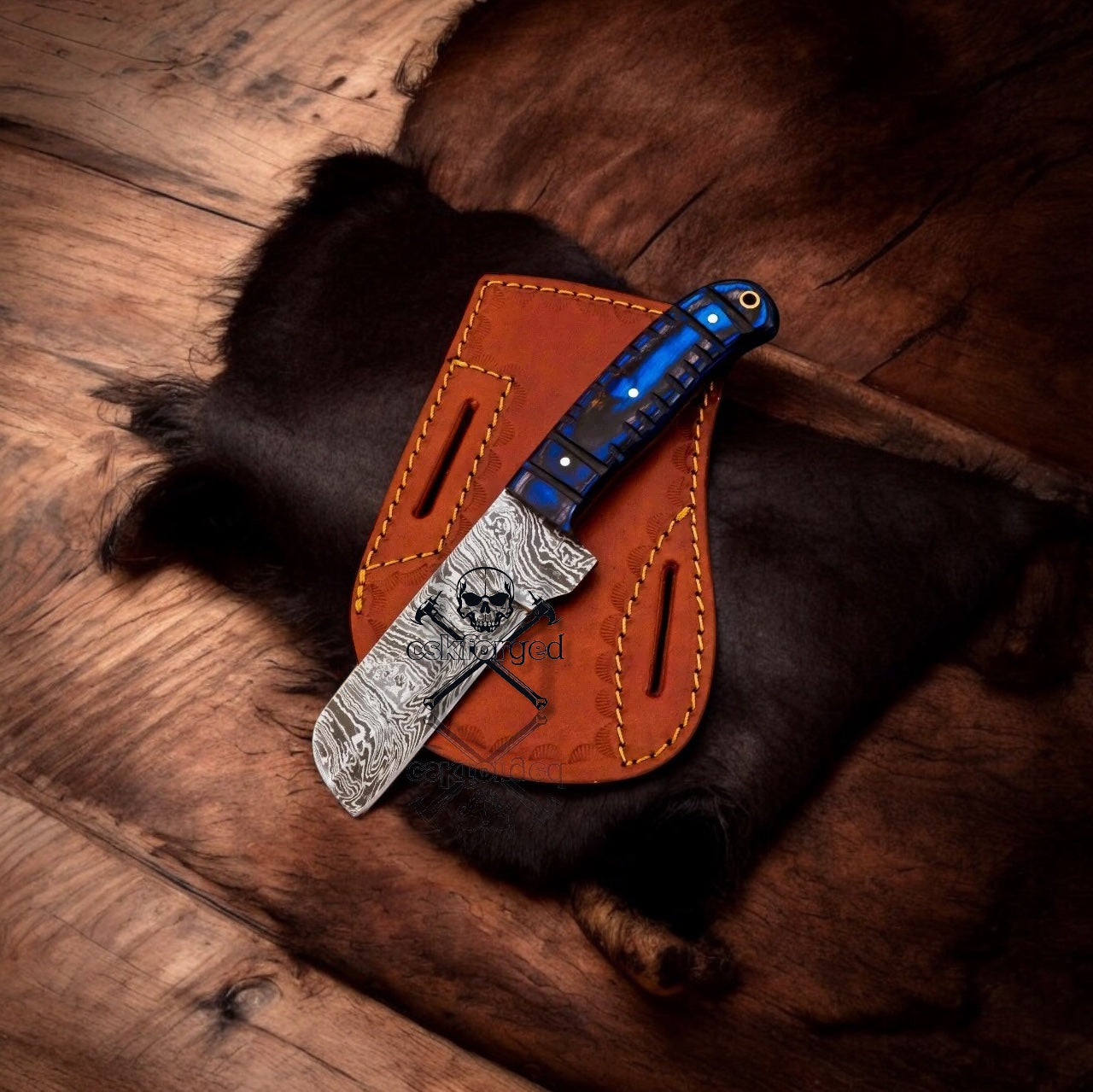 Damascus Bull Cutter Knife Handcrafted Wood & Belt Sheath