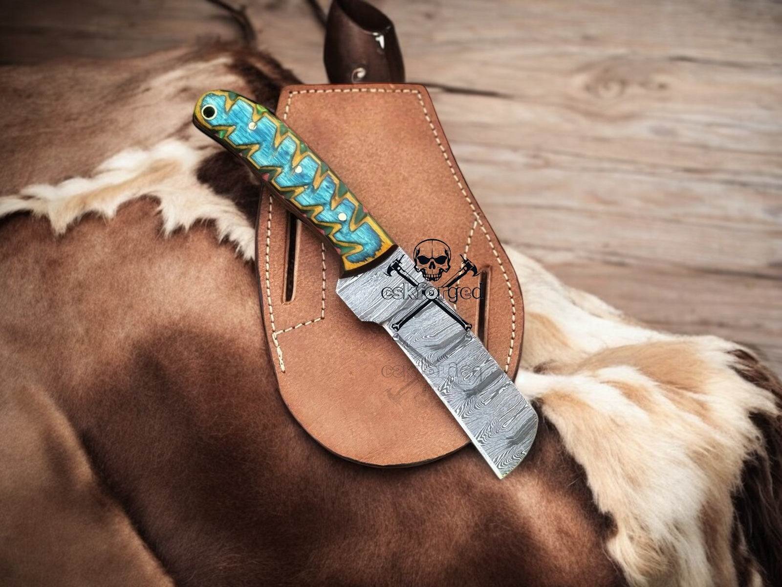 Damascus Bull Cutter Knife Jiggle Wood Handle & Belt Sheath
