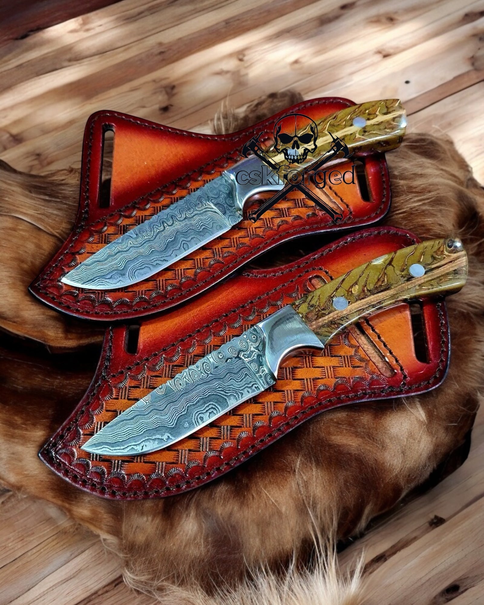 COWBOY BELT KNIFE SHEATH 7.5" DAMASCUS BLADE WITH PINE-CONE RESIN HANDLE