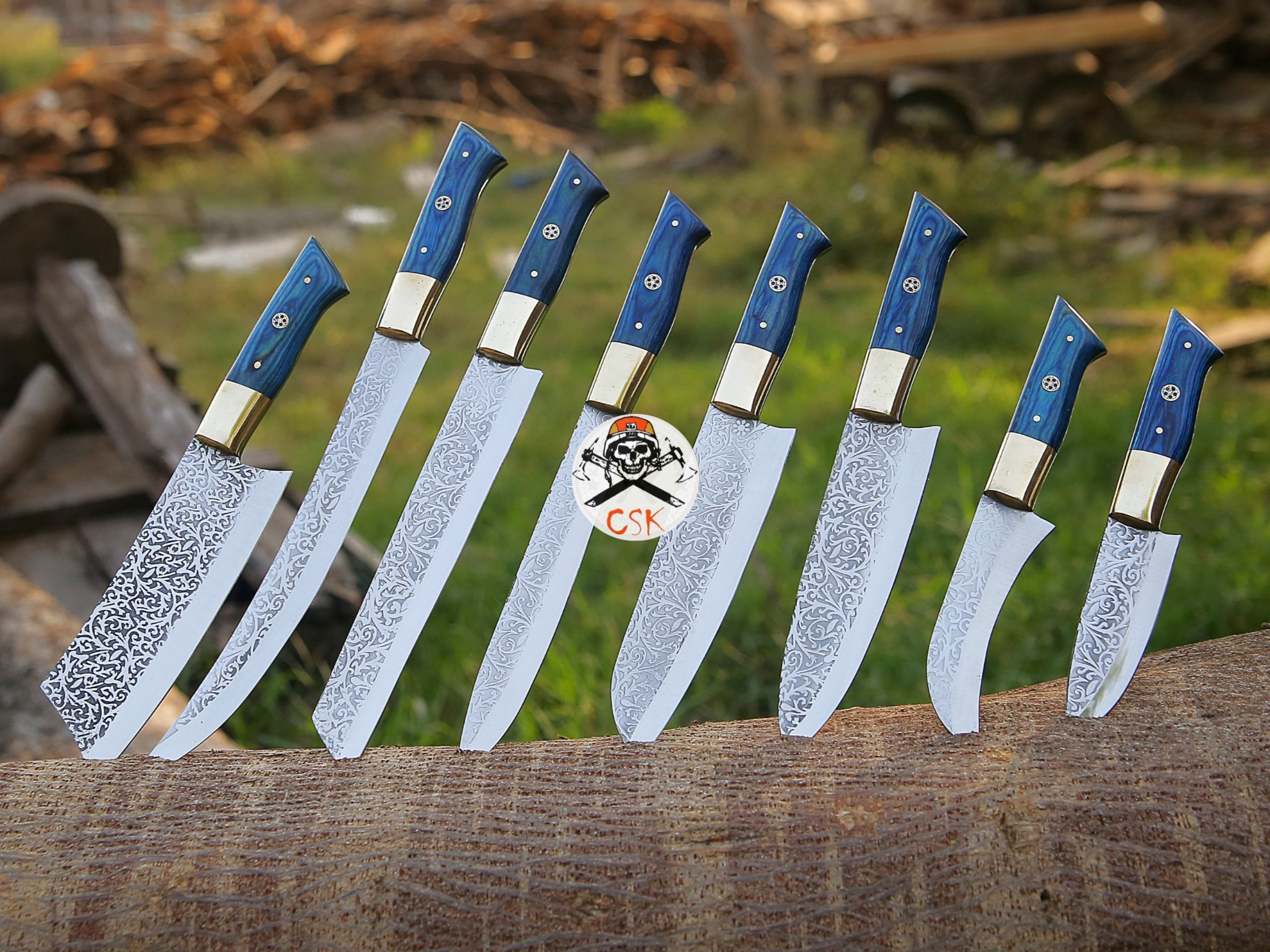 Royal Blue Handle Etched Chef Knives Set