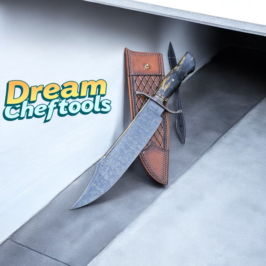 "Ironclad Huntsman Bowie Knife – Damascus Steel, Resin Handle & Leather Sheath"