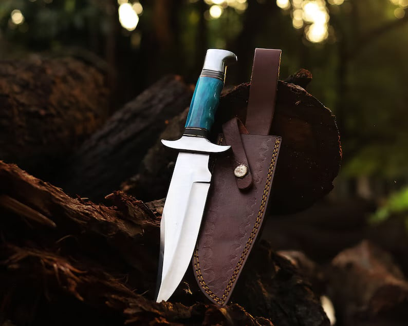 Limited Edition Custom Handmade J2 Steel Bowie Knife – 13" Blade, Colorful Bone Handle, Steel Guard & Premium Leather Sheath