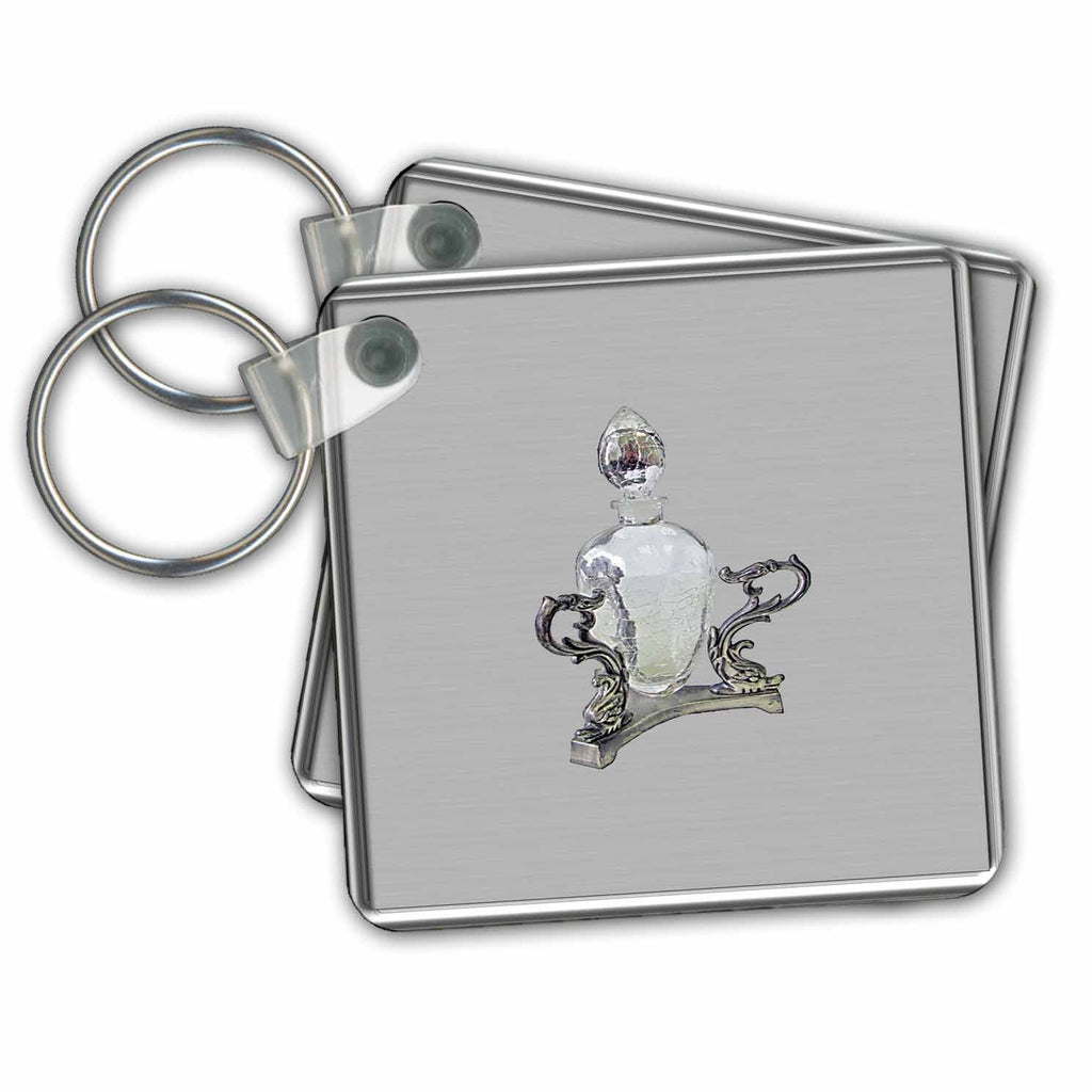 3dRose Key Chains Vintage Perfume Bottle on a Silver Base Framed in a Silver Frame (kc-153607-1)