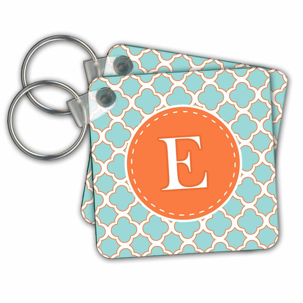 3dRose Key Chains Letter E Monogram Orange and Blue Quatrefoil Pattern (kc-210606-1)
