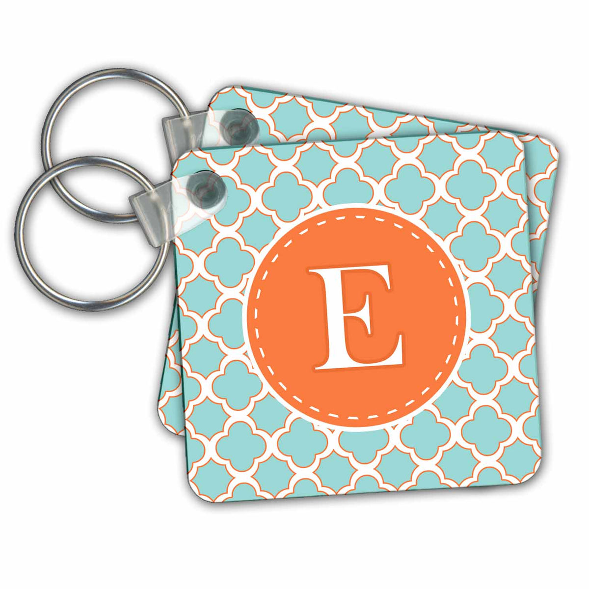 3dRose Key Chains Letter E Monogram Orange and Blue Quatrefoil Pattern (kc-210606-1)