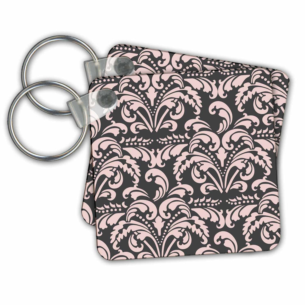 3dRose Key Chains Pink and Charcoal Gray Leafy Flourish Pattern (kc-210793-1)