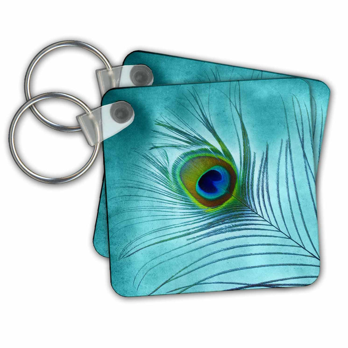 Key Chain - Peacock Feather on Turquoise Background Birds